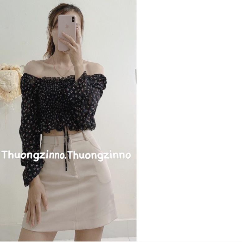 [Ảnh thật/Video]Áo croptop hoa nhí vintage thiết kế chun bồng tay dài Áo Croptop Trễ Vai Thời Trang  ྇