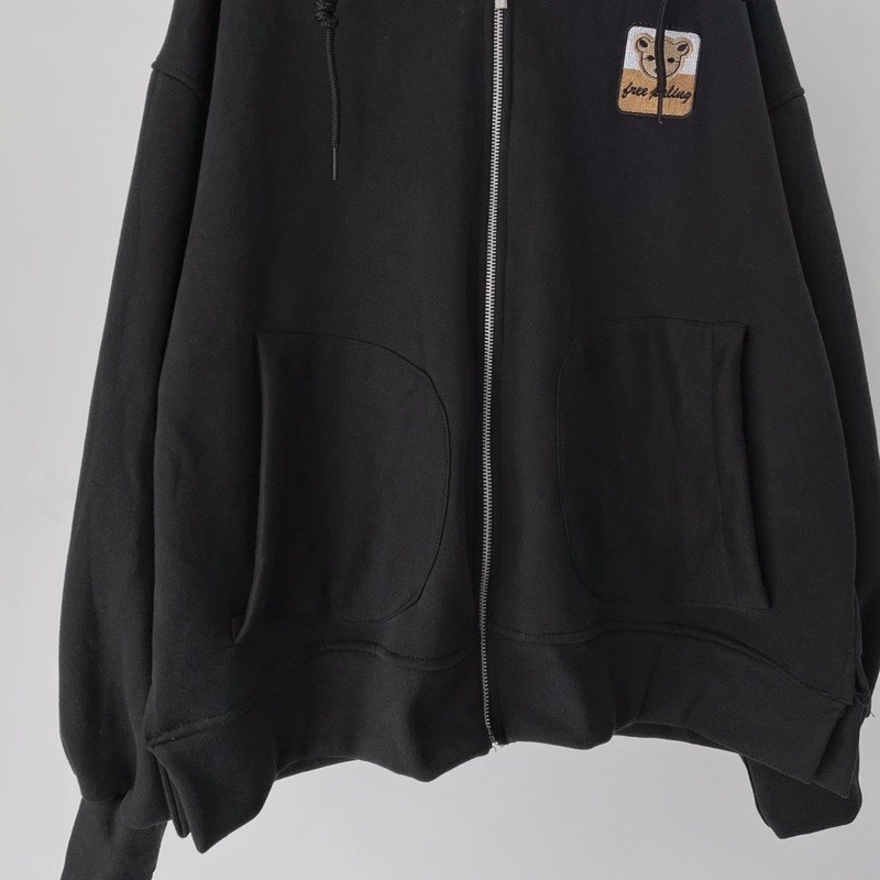 ÁO KHOÁC HOODIE KHÓA KÉO FORM RỘNG NAM NỮ THÊU GẤU , ÁO HOODIE UNISEX MÀU ĐEN THÊU GẤU