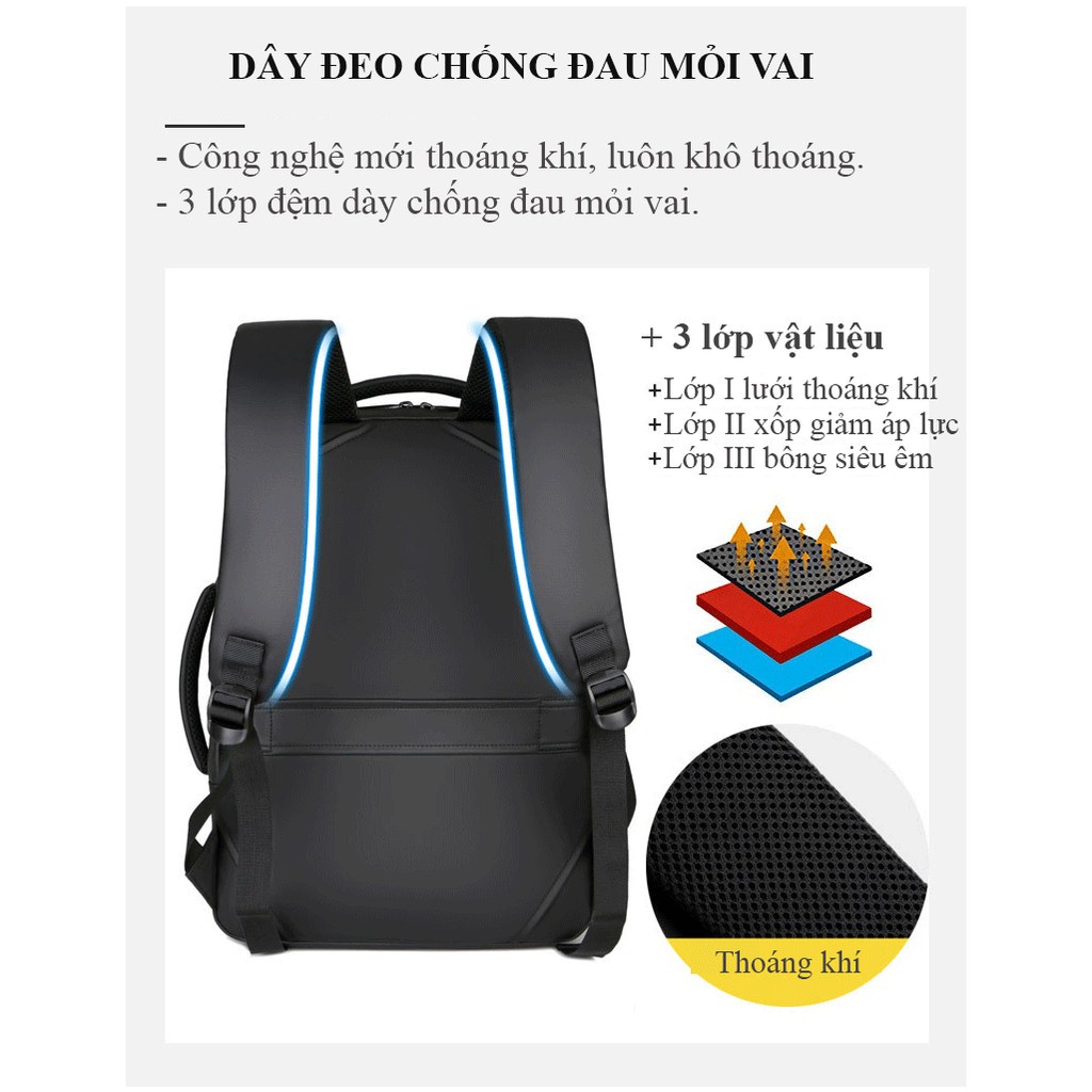 Balo công sở nam nữ đựng laptop lên đến 16 inch chống sốc, chống nước, có quay xách ngang + cổng sạc hàng cao cấp