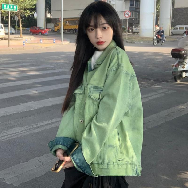 Áo khoác nữ ulzzang chất denim tone màu xanh lá có size phong cách Hàn Quốc
