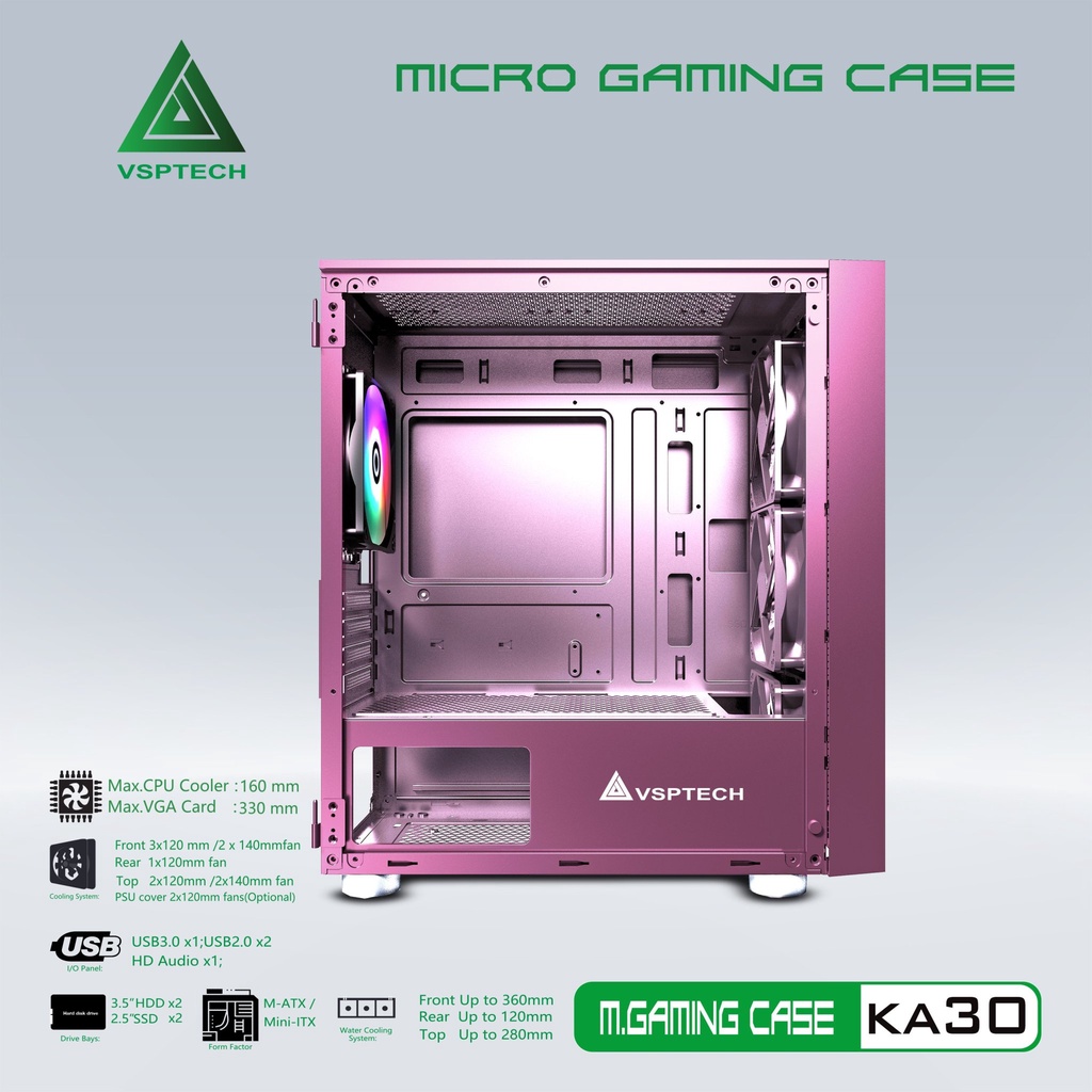 Case Gaming VSP KA30 Mini Tower (Màu Đen-Trắng-Hồng- Xanh)