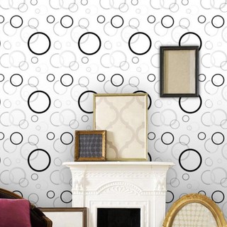 Cuộn 10m decal giấy dán tường  khổ 45cm keo sẵn mẫu VÒNG TRÒN TRẮNG ĐEN