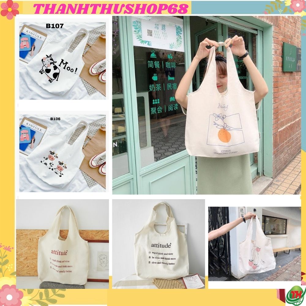 Túi tote vải đeo chéo canvas liền thân hoạ tiết ngộ nghĩnh Thanhthushop68 556