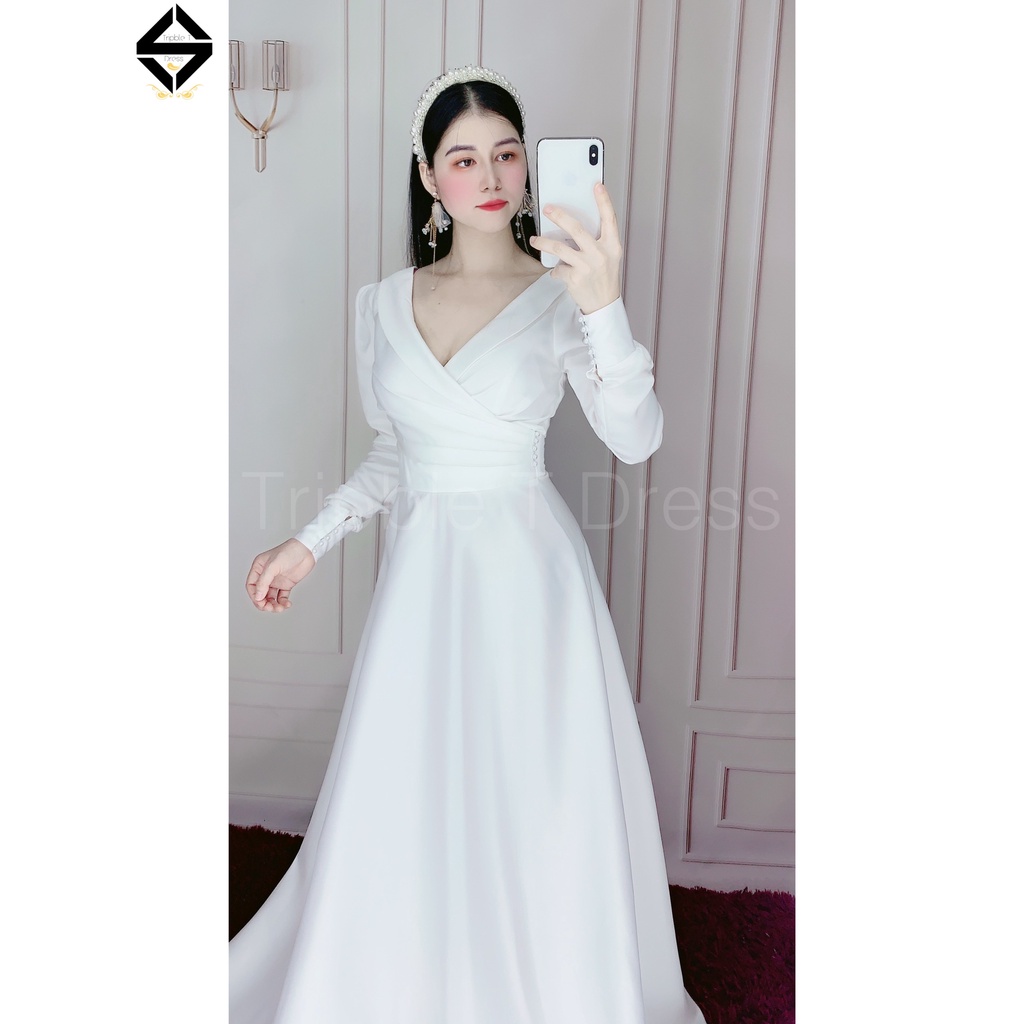 Đầm maxi mặc cưới tay dài hở lưng dây cườm TRIPBLE T DRESS -size S/M/L - MS160Y