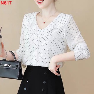 Áo Sơ Mi Chấm Bi Cổ Tròn Phối Bèo Akara N617