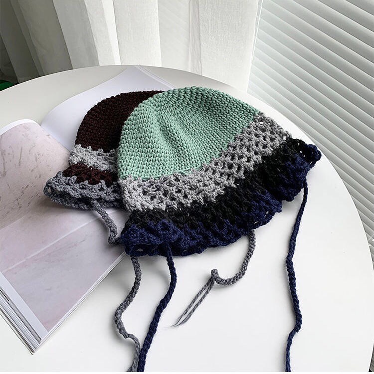 Nón Đan Len Tai Bèo Handmade Cột Dây Y2K Phong Cách Hàn Quốc