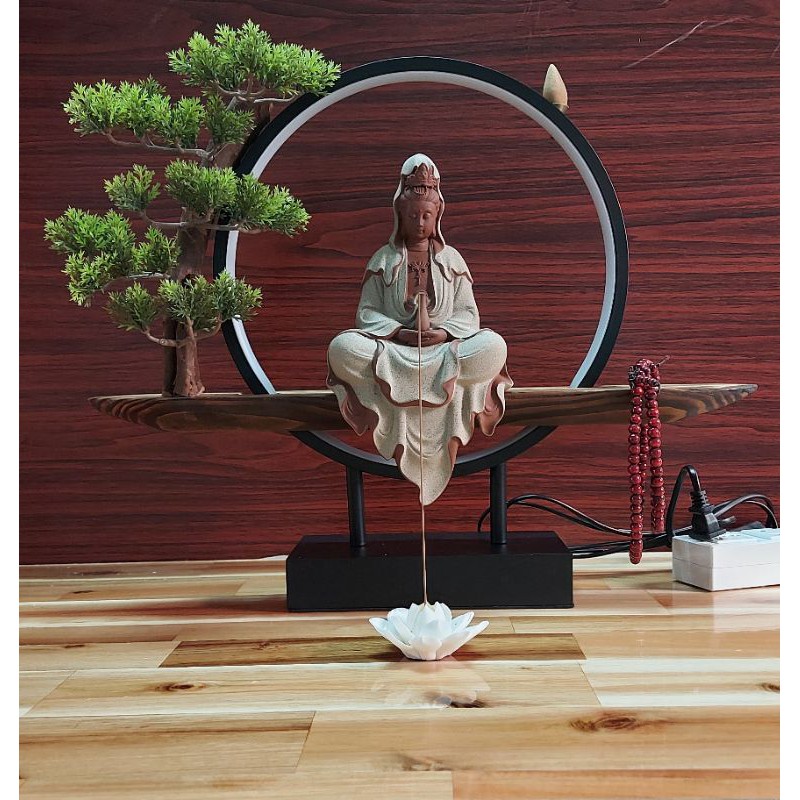 Thác khói quan âm đèn led cao cấp tăng 1H trầm & tràng hạt hoa sen cấm nhang | BigBuy360 - bigbuy360.vn