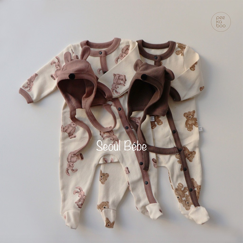Set jumpsuit liền bàn kèm mũ tai thỏ gấu bộ teddy bear/ bunny Peekaboo