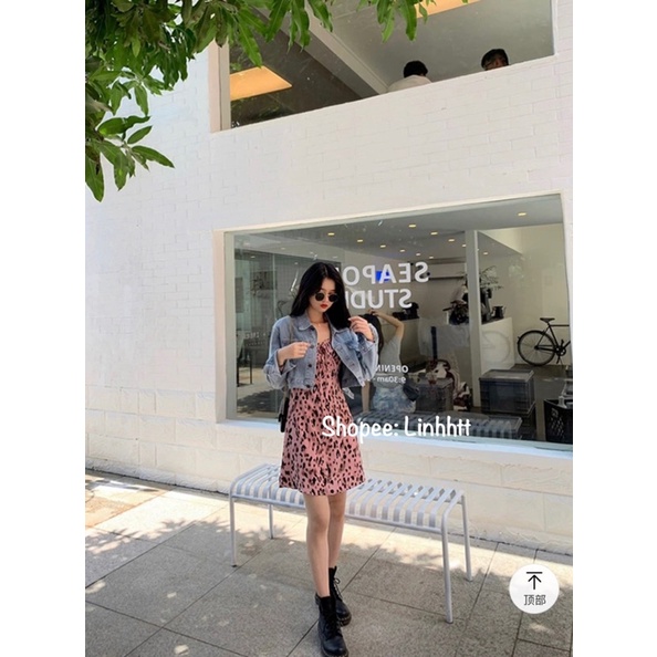 Đầm lụa beo cổ vuông nhúng ngực tay dài ulzzang