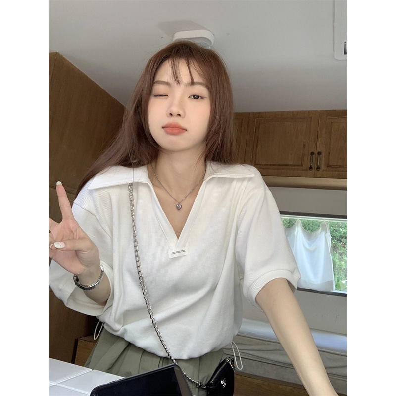 Áo polo Ngắn Tay Màu Trơn Phong Cách Hàn Quốc Cho Nữ