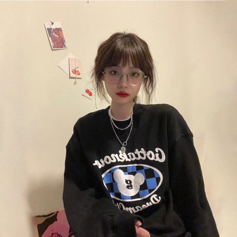 ZHELIHANGFEI Áo Thun Tay Dài Form Rộng Họa Tiết Theo Phong Cách Preppy Dễ Phối Đồ