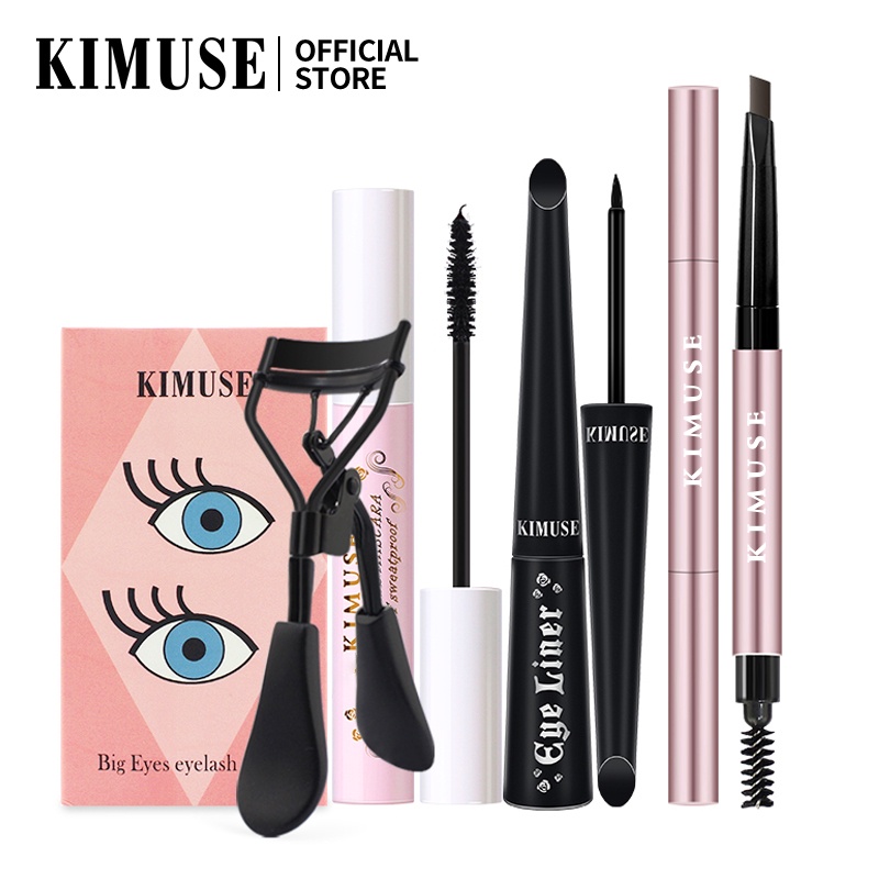 Bộ 4 Món KIMUSE Gồm Bút Kẻ Mày 2 Đầu Chống Nước + Mascara Dày Mi + Bút Kẻ Mắt Dạng Lỏng + Dụng Cụ Bấm Cong Lông Mi