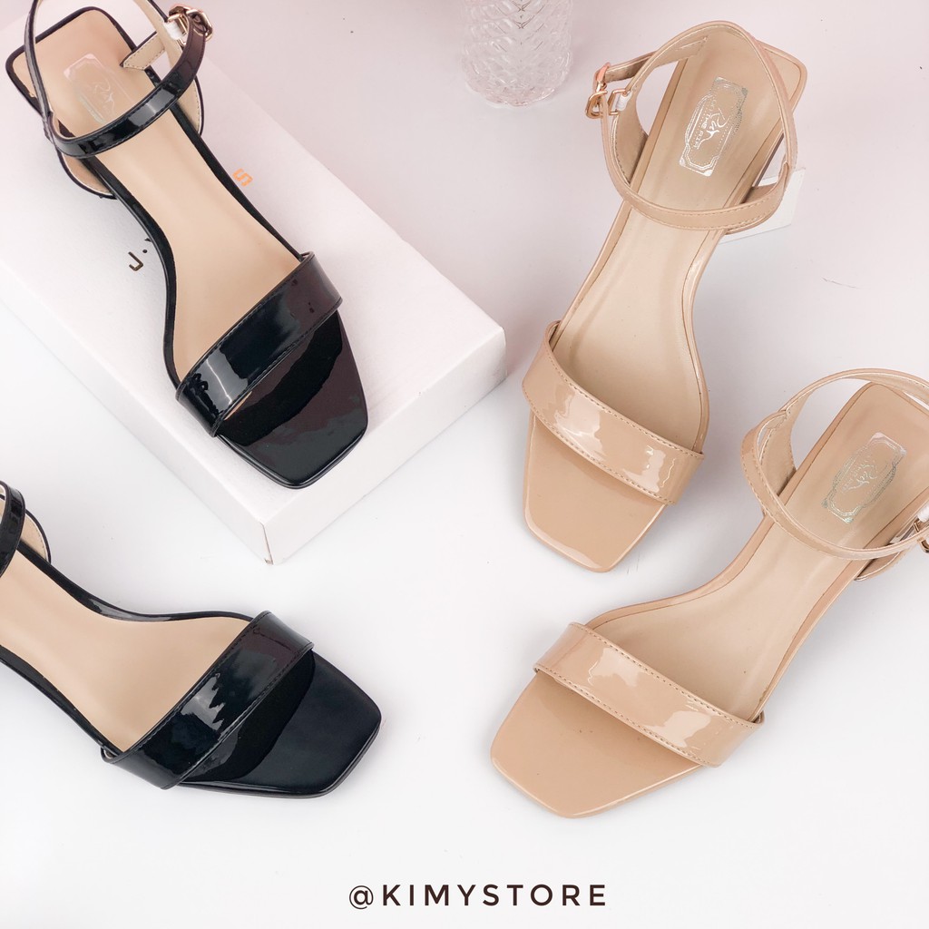 Sandal nữ VNXK da bóng cao gót, dép xăng đan nữ quai ngang gót cao 3cm - Kimy Store