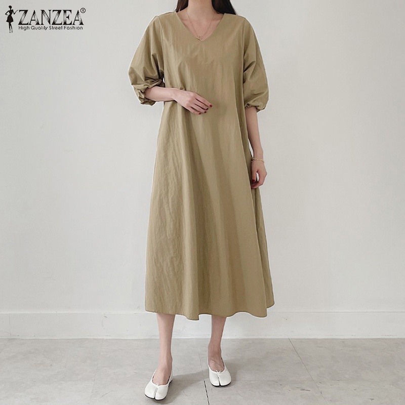 Đầm maxi ZANZEA tay lửng cổ chữ V thời trang Hàn Quốc dành cho bạn nữ