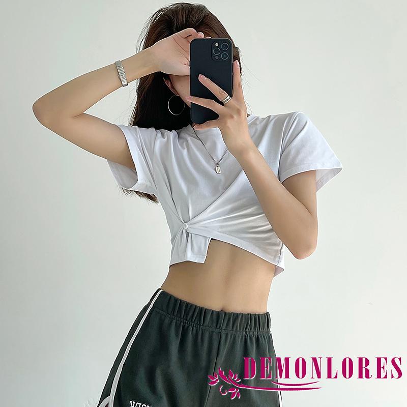 Áo Thun Croptop Ngắn Tay Cổ Tròn Màu Trơn Thiết Kế Độc Đáo Thời Trang Cho Nữ
