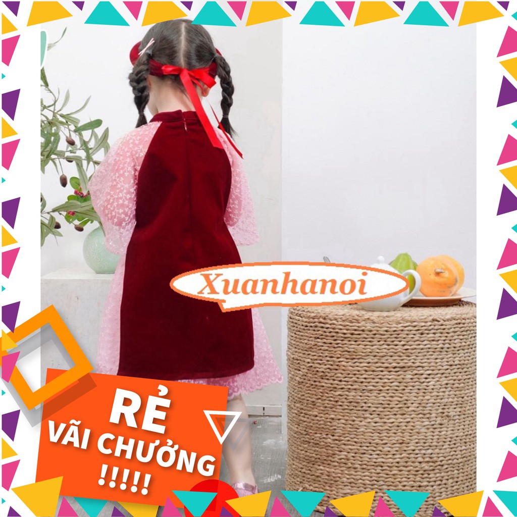 New Áo dài cách tân nhung và chân váy ren kèm mấn đội đầu XHN418