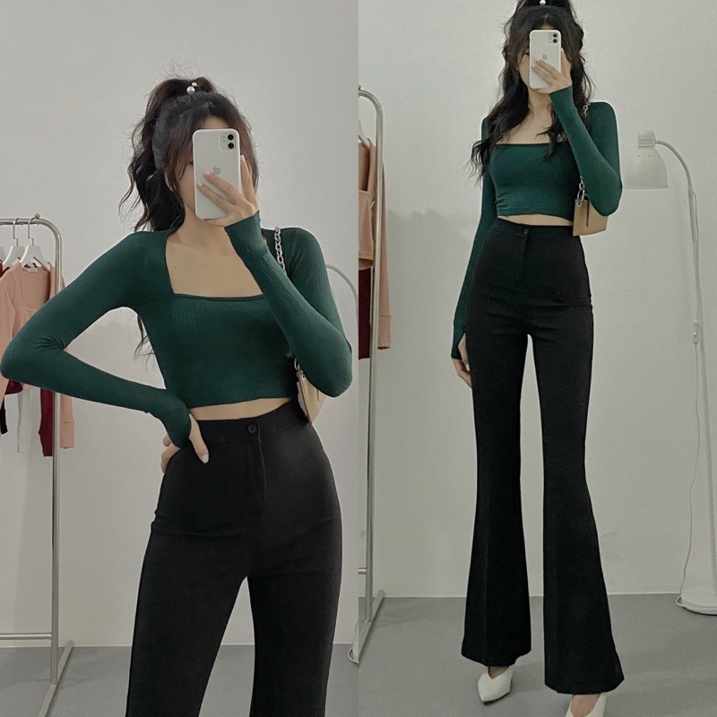 Áo Croptop Cổ Vuông Xỏ Ngón Thun Gân Xịn Ko Xù Lông Hh.vintage
