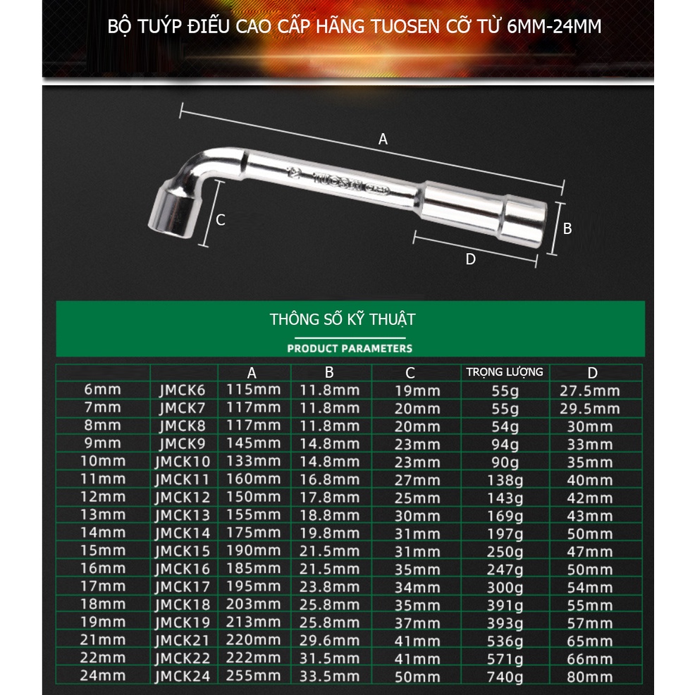 Cờ lê chữ L, tuýp điếu cao cấp đủ size từ 6mm đến 22mm (giá 1 chiếc) - Một sản phẩm của Tuosen