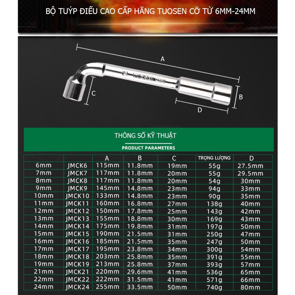 Tuýp điếu cao cấp hãng TUOSEN, Cờ lê chữ L đủ size từ 6mm đến 22mm