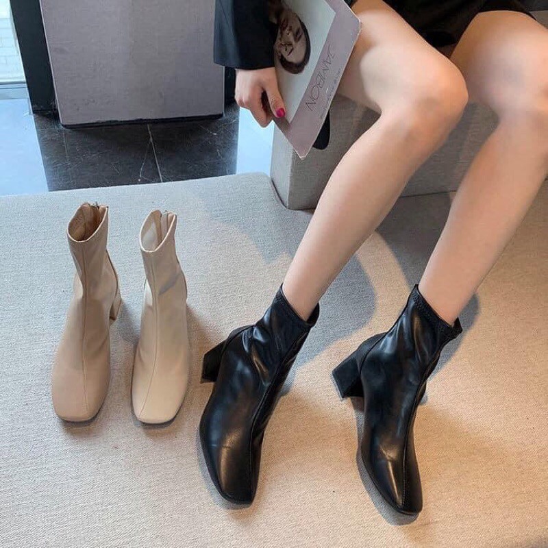Bốt  Cao Gót Vuông , Cổ Ngắn, Da Xịn Siêu Hot
