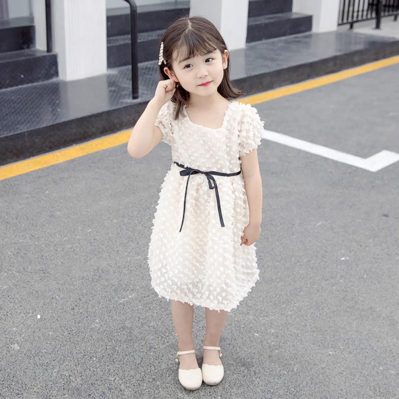 Đầm công chúa phối ren nơ thoáng khí 1 màu bằng cotton cho bé gái