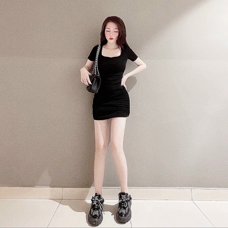 Đầm đen KIKAN DRESS thiết kế dáng ôm cổ vuông siêu xinh, Váy kiểu nữ dự tiệc dáng ngắn chất cotton co dãn | BigBuy360 - bigbuy360.vn