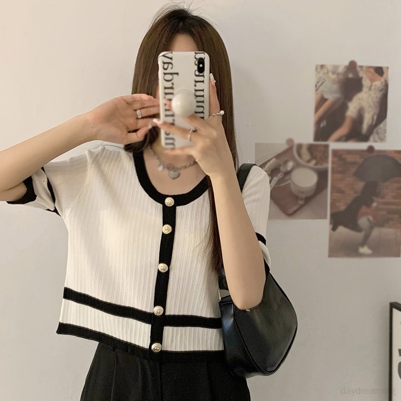 Áo Croptop Dệt Kim Cổ Tròn Màu Tương Phản Thời Trang Mùa Hè Cho Nữ