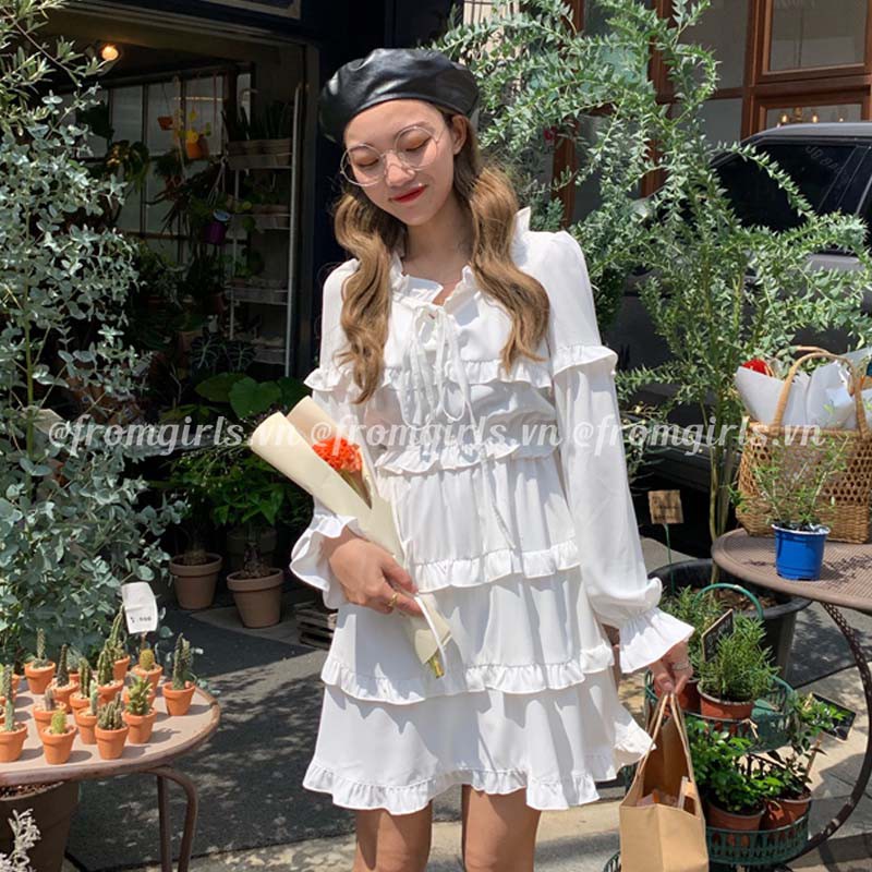 Váy viền bèo buộc nơ, đầm tiểu thư dáng xòe ba tầng dễ thương style Hàn Quốc - VAY02 For Girls