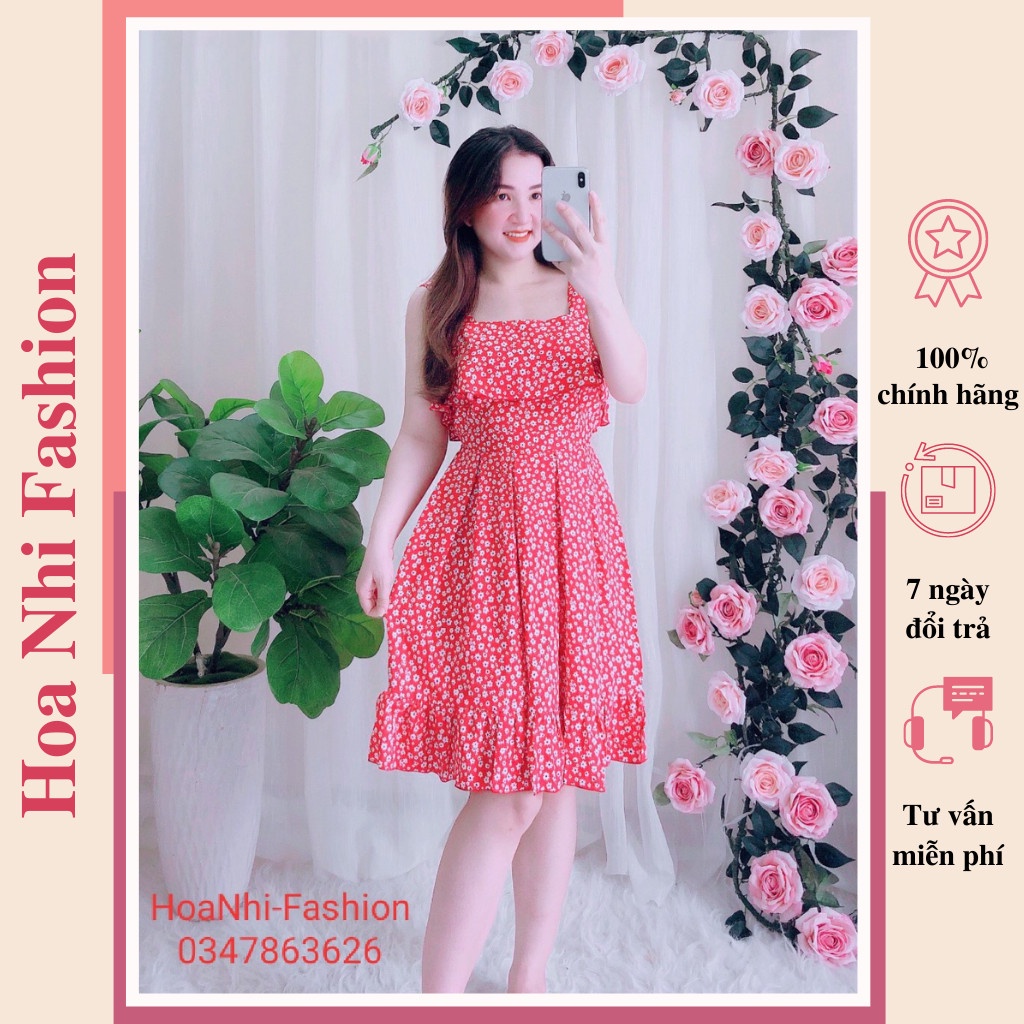 Đầm đuôi cá hai dây màu đỏ đầm hoa nhí