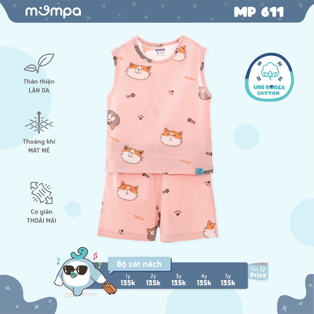 Bộ quần áo cộc tay hè 3 lỗ cho bé Mompa từ 1-5 tuổi vải Cotton thấm hút thoáng mát co giãn mềm mại làn da bé 611