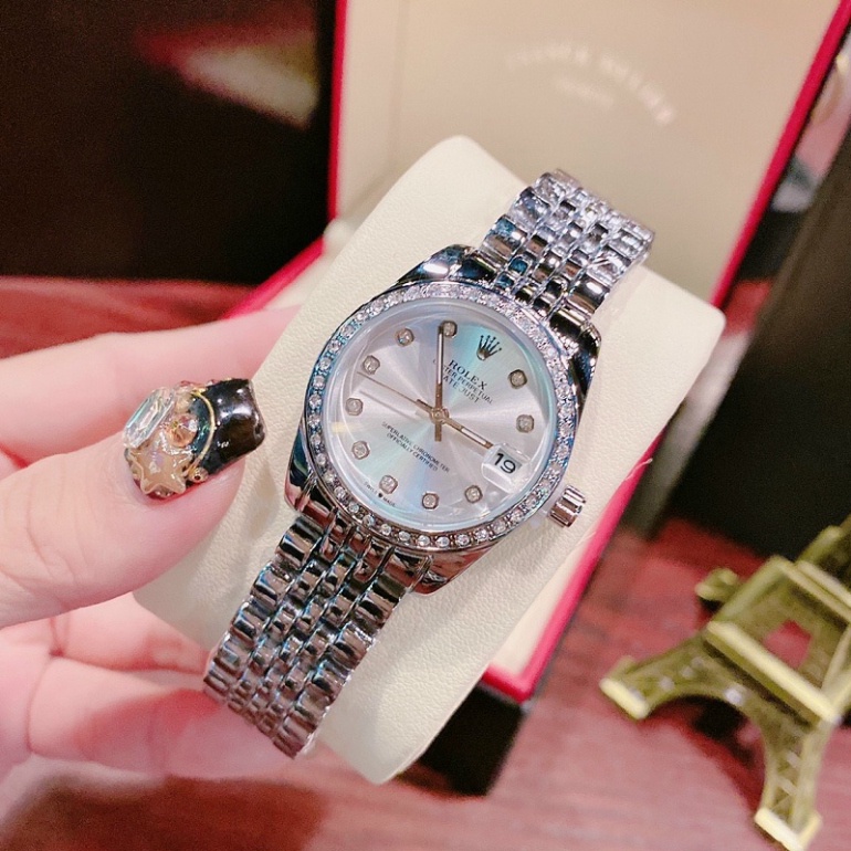 Đồng hồ thời trang nữ Rolex đeo tay dây thép không gỉ đính đá sang trọng dây kim loại mạ vàng chống nước chống xước