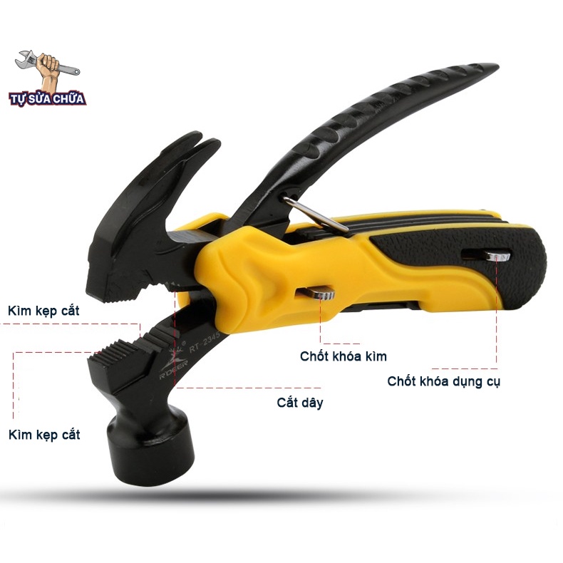 Búa đa năng bỏ túi R'Deer 7 trong 1 (búa đinh, nhổ đinh, kìm, kẹp, dao, cưa, mở nắp chai...)hỗ trợ thoát hiểm, cứu hộ