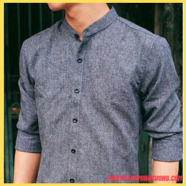 Sơ mi cổ tàu vải đũi cao cấp thoáng mát, sơ mi đũi form dáng slimfit xưởng May Minh Cường   - SMTD