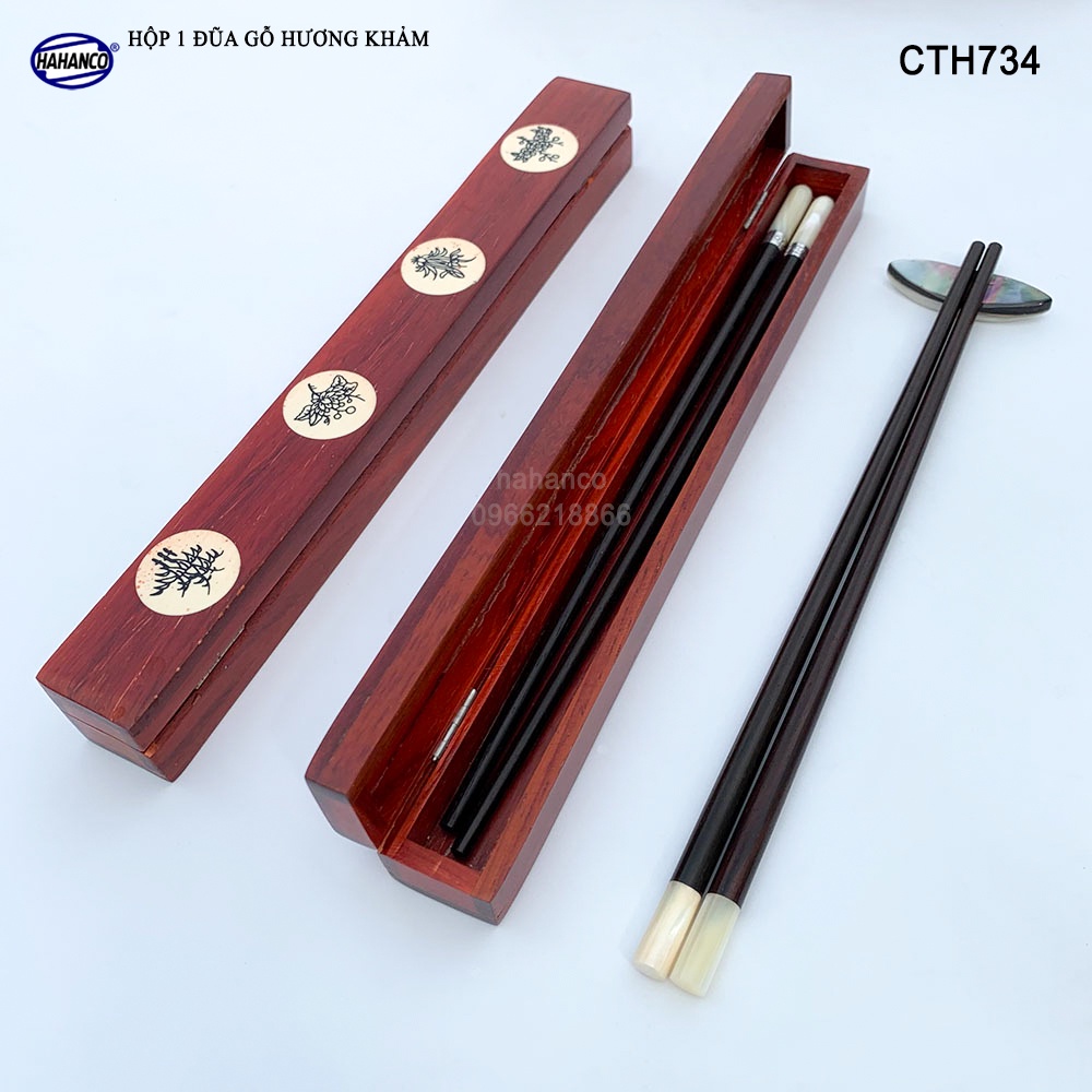 Hộp Đũa Gỗ Hương Đỏ Đựng 1 Đôi Khảm Họa Tiết HAHANCO Có Thể Mang Theo Người- CTH734