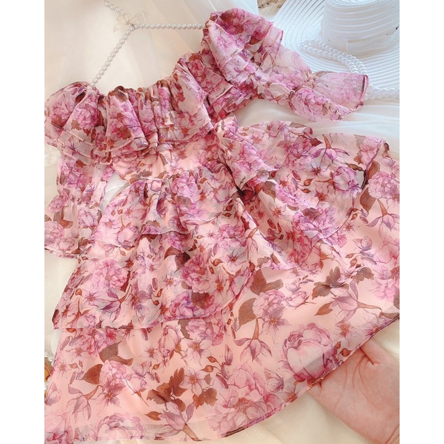 Đầm nữ trễ vai hoa tiết hoa xếp tầng cực dễ thương hàng may kỹ có lót toàn thân | BigBuy360 - bigbuy360.vn
