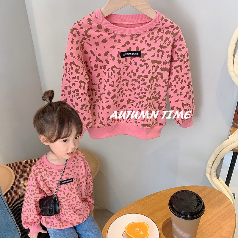 Áo sweater cổ tròn in họa tiết da báo phong cách mùa thu Hàn Quốc cá tính cho bé gái