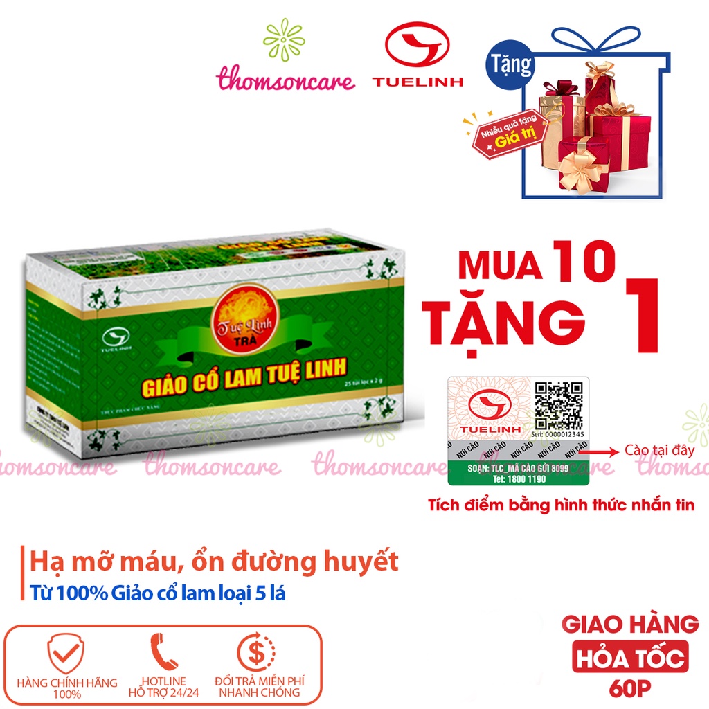 Trà giảo cổ lam Tuệ Linh - dạng túi lọc tiện dụng - hỗ trợ hạ mỡ máu, giảm đường huyết - KM mua 10 tặng 1 hộp