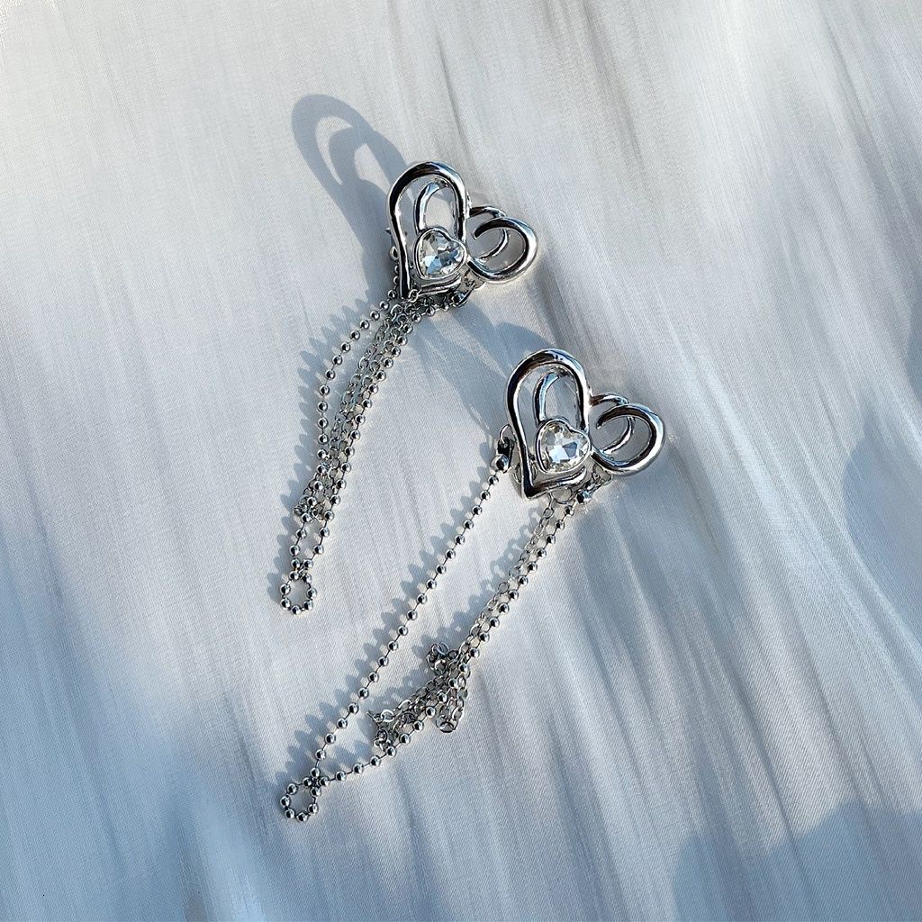 Khuyên tai kim loại dáng dài mặt hình trái tim phong cách Hàn Quốc thời trang mùa hè dễ thương