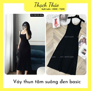 Váy 2 dây đen bản to, chất thun tăm dáng dài xuông trơn basic, đàm dáng dài cho nữ giấu bụng đi chơi đi biển