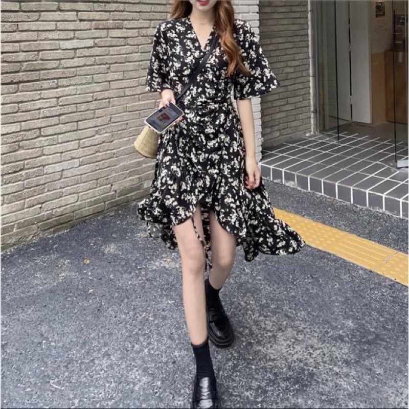 Đầm kiểu dài nữ maxi hoa nhí vạt chéo đắp ngang ngực tay ngắn voan chiffon - Order taobao quảng châu