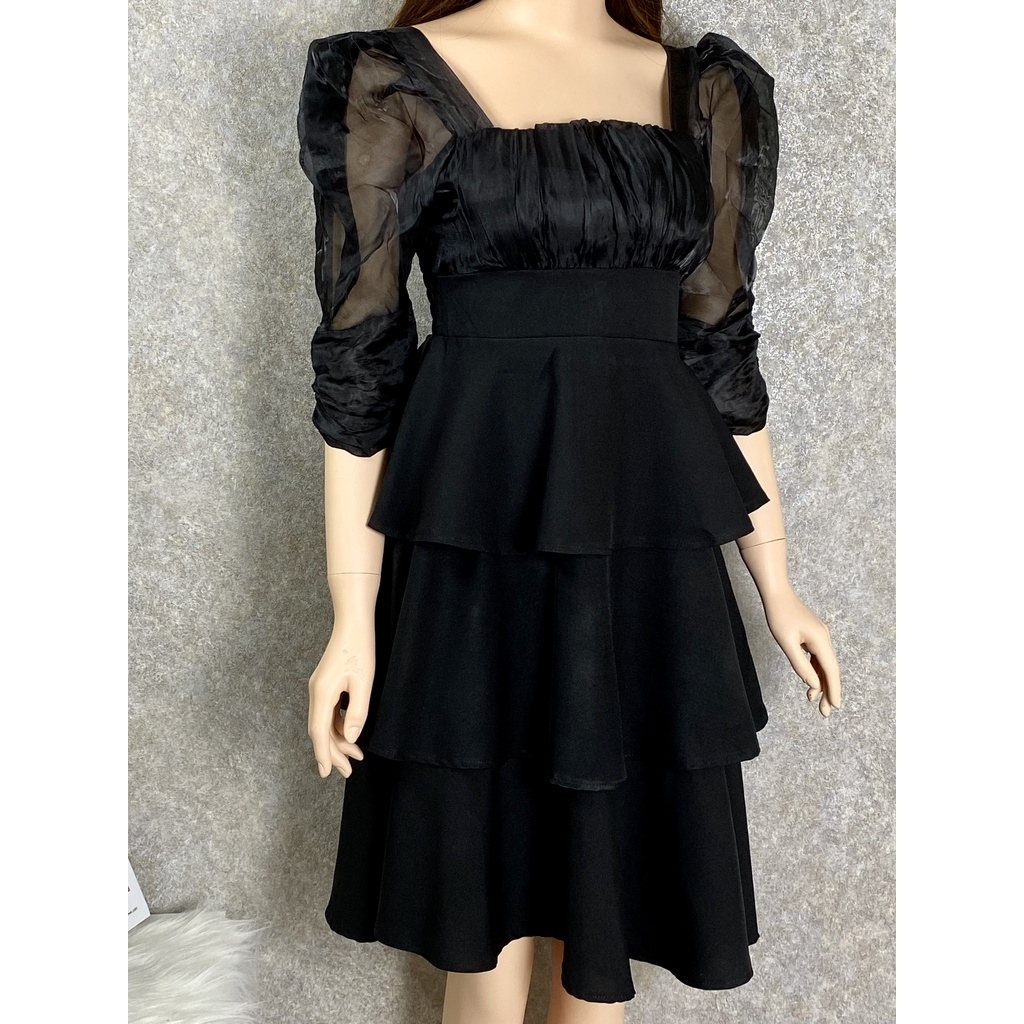 Đầm Thiết Kế Dự Tiệc Sang Trọng, Váy Đầm Nữ Dáng Dài Cổ Vuông Tay Phồng Phân Tầng Điệu Đà Nữ Tính Mặc Đi Đám Cưới- Tiệc