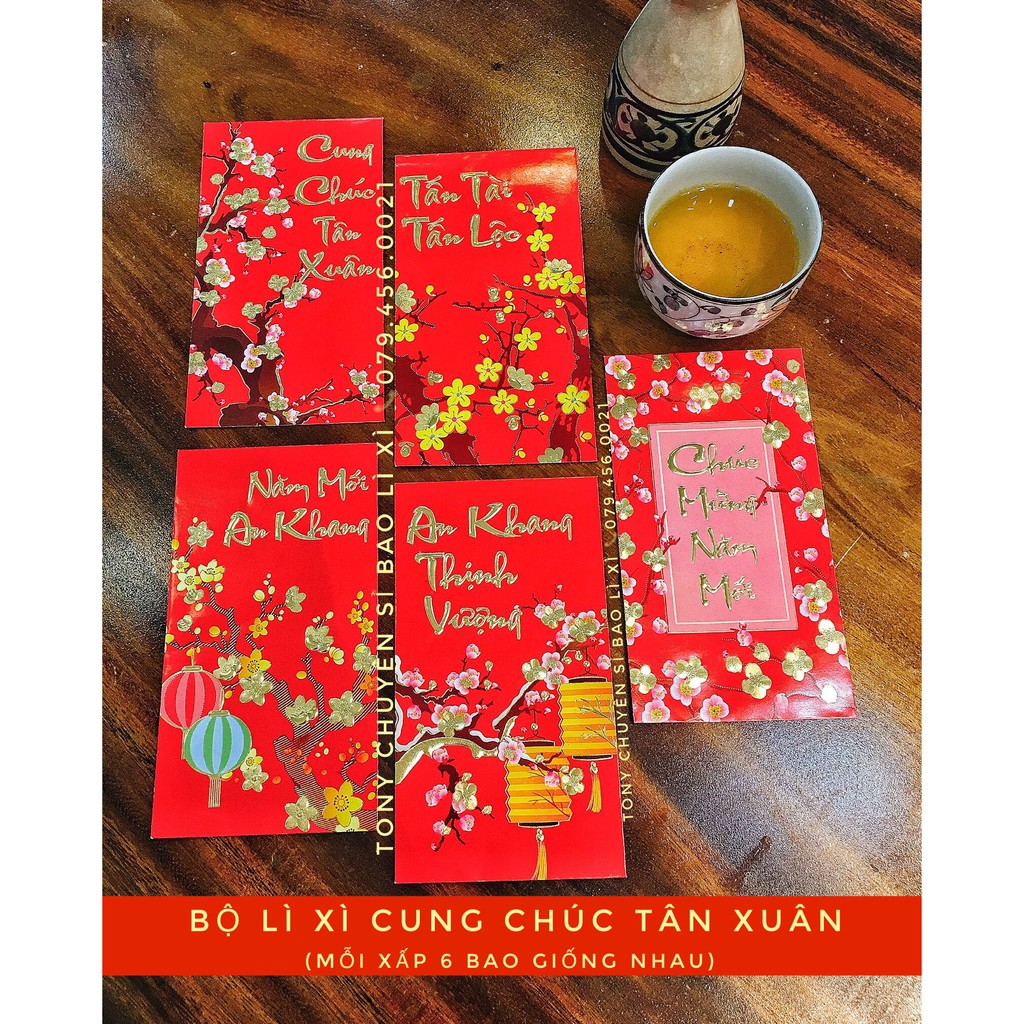 [TẾT] BỘ 6 BAO LÌ XÌ CUNG CHÚC TÂN XUÂN - IN NỔI 3D - GIẤY LÁNG
