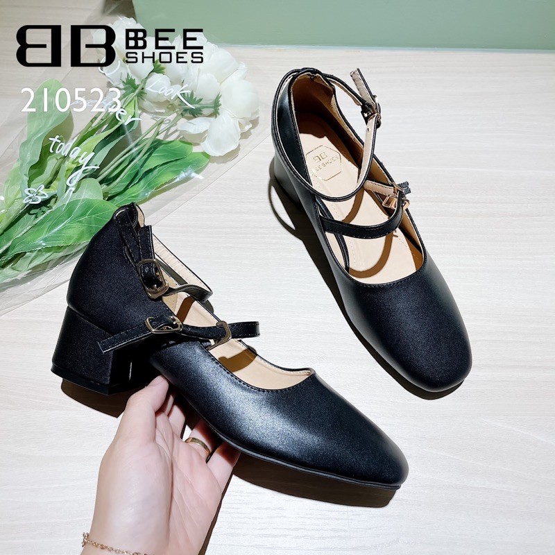 BEE SHOES- GIÀY BÚP BÊ NỮ MŨI VUÔNG QUAI NGANG DA MỀM - GIÀY NỮ ĐẾ TRỤ CAO 5 PHÂN SẴN MÀU ĐEN KEM TRẮNG 210523