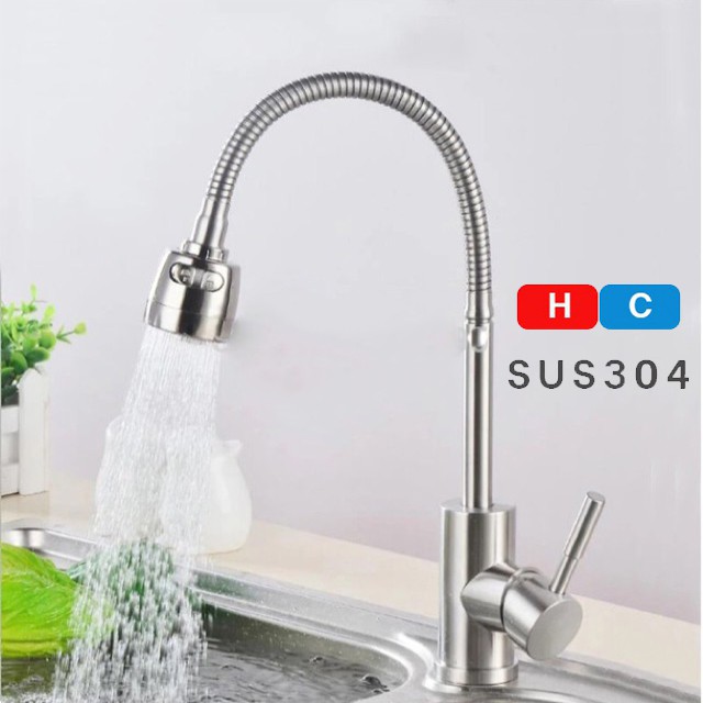 Vòi rửa chén nóng lạnh inox 304 bề mặt màu inox mờ cần lò xo dẻo uốn mềm 2 chế độ