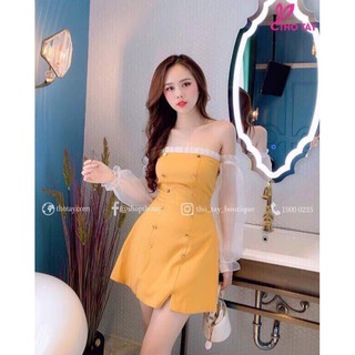 Đầm xòe cúp ngực tay phối lưới đính nút kèm mút