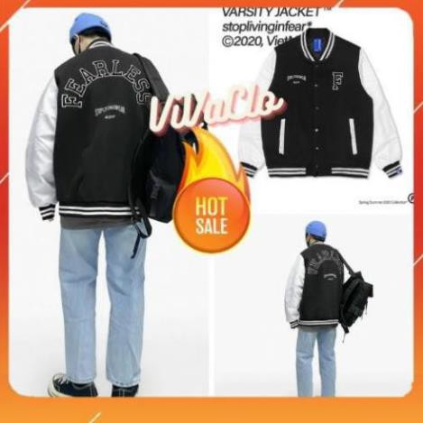 [ HOTTREND ] Áo Khoác Dù VARSITY JACKET F Đen Trắng - Có Form Rộng <68kg - Tặng Giấy Thơm - VivaClo