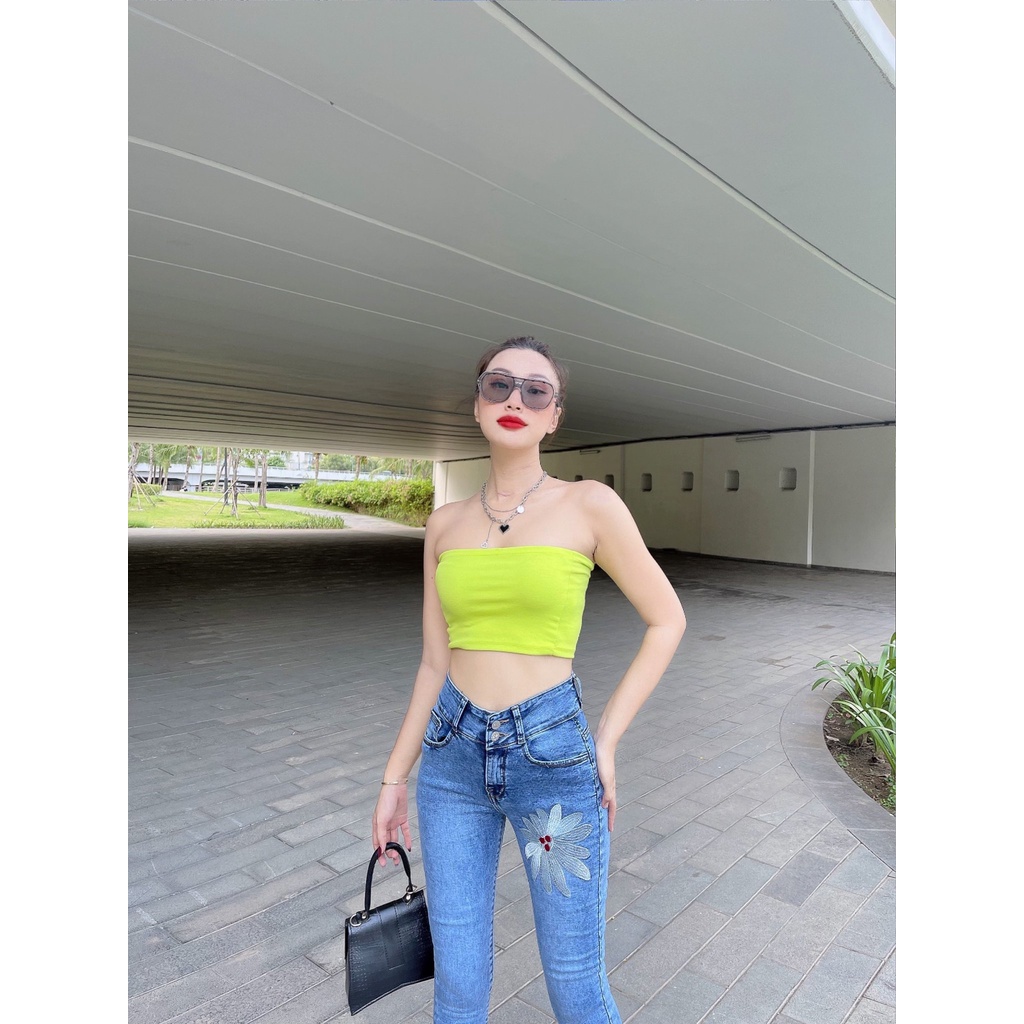 Quần jean dài nữ thêu hoa lưng cao có size đại