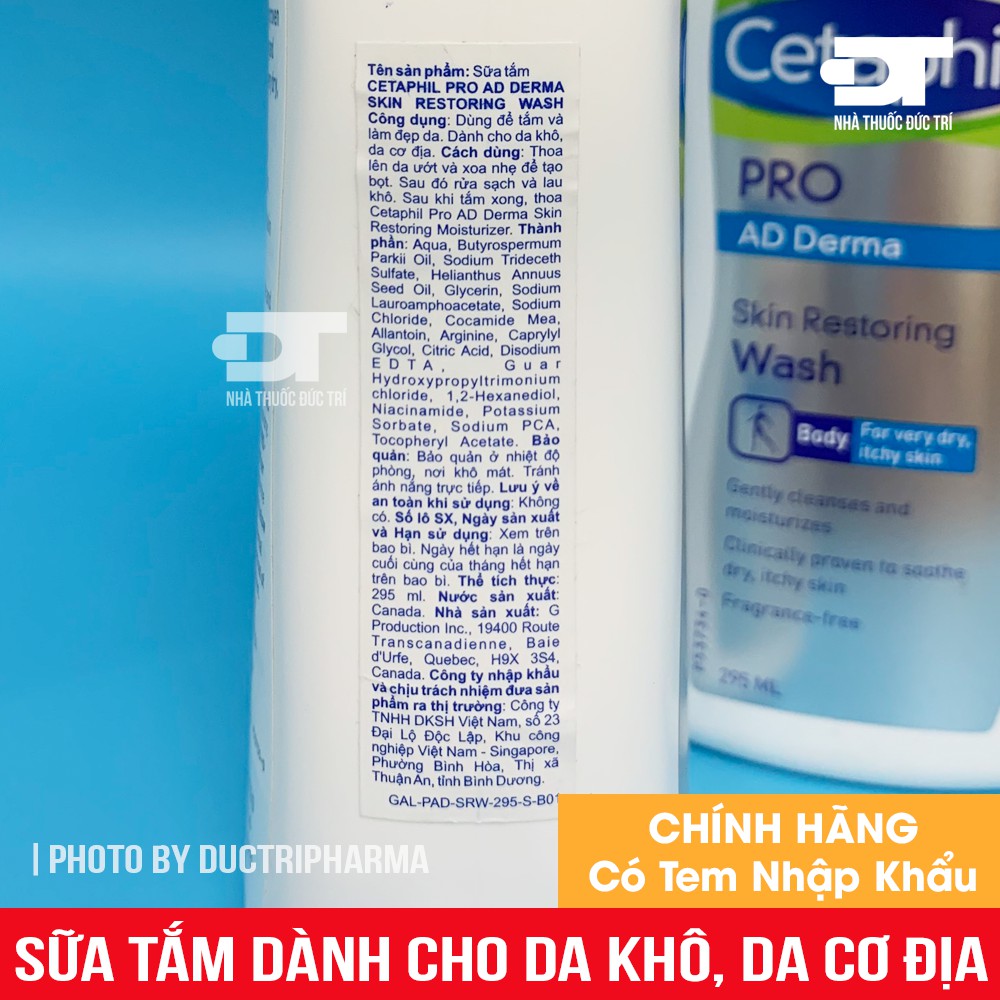 Sữa tắm dành cho da cơ địa, khô Cetaphil Pro AD Derma Skin Restoring Wash 295ml