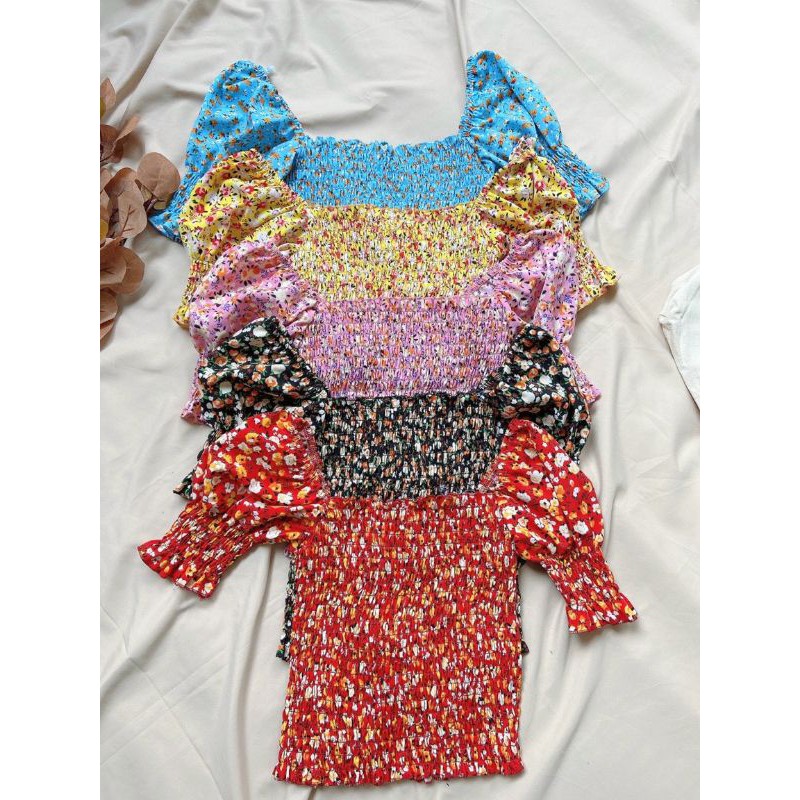 Áo Croptop Trễ Vai Hoa Nhí Rút Ngực Siêu Xinh LACA STORE F7-1