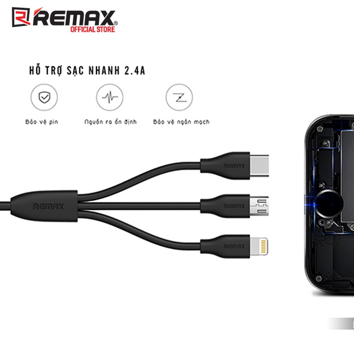 Cáp sạc nhanh Remax SUDA 3 in 1 RC-109TH cổng MicroUSB, Lightning, Type C (Đen, Trắng)